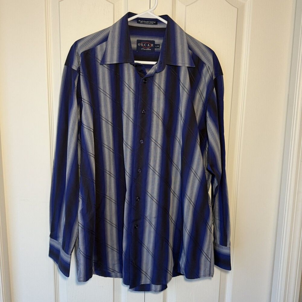Oscar De La Renta Long Sleeve Shirt Mens Large Blue Striped Combed Cotton Button